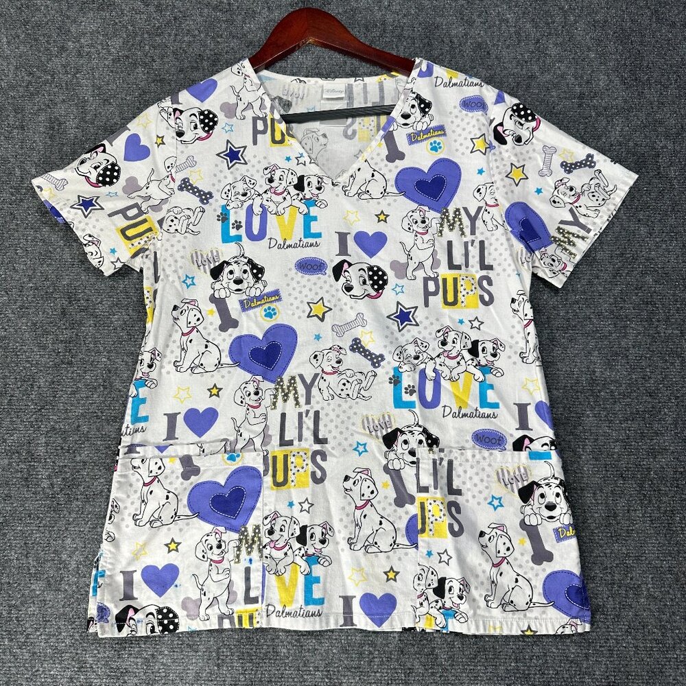 Disney Scrub Top Size Small 101 Dalmations Dogs Short Sleeve Pockets V Neck Whit